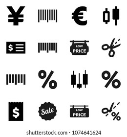 Flat vector icon set - japanese candle vector, receipt, euro sign, yen, barcode, low price signboard, sale, percent, coupon