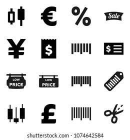 Flat vector icon set - japanese candle vector, receipt, euro sign, pound, yen, barcode, low price signboard, sale, percent, coupon