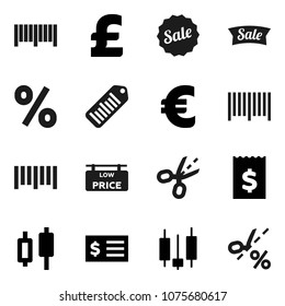 Flat vector icon set - japanese candle vector, receipt, euro sign, pound, barcode, low price signboard, sale, percent, coupon