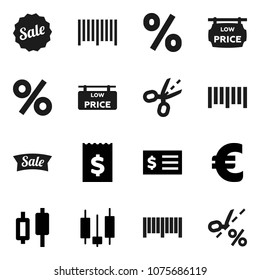 Flat vector icon set - japanese candle vector, receipt, euro sign, barcode, low price signboard, sale, percent, coupon