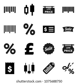 Flat vector icon set - japanese candle vector, receipt, pound, barcode, low price signboard, sale, percent, coupon