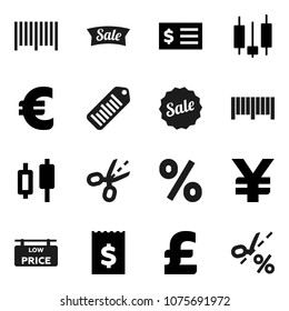 Flat vector icon set - japanese candle vector, receipt, euro sign, pound, yen, barcode, low price signboard, sale, percent, coupon