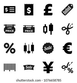 Flat vector icon set - japanese candle vector, receipt, euro sign, pound, yen, barcode, low price signboard, sale, percent, coupon