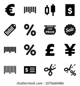 Flat vector icon set - japanese candle vector, receipt, euro sign, pound, yen, barcode, low price signboard, sale, percent, coupon