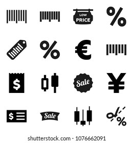 Flat vector icon set - japanese candle vector, receipt, euro sign, yen, barcode, low price signboard, sale, percent, coupon