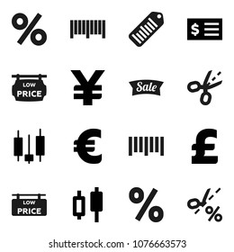 Flat vector icon set - japanese candle vector, receipt, euro sign, pound, yen, barcode, low price signboard, sale, percent, coupon