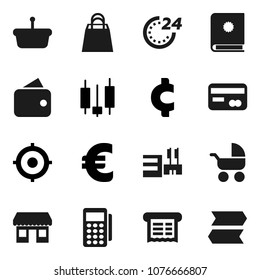 Flat vector icon set - japanese candle vector, target, euro sign, cent, office, credit card, wallet, 24 hour, shopping bag, mall, reader, receipt, basket, catalog, baby stroller, signpost