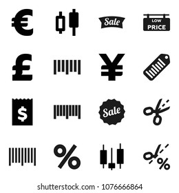 Flat vector icon set - japanese candle vector, receipt, euro sign, pound, yen, barcode, low price signboard, sale, percent, coupon
