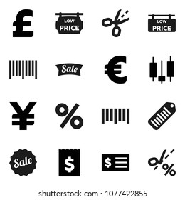 Flat vector icon set - japanese candle vector, receipt, euro sign, pound, yen, barcode, low price signboard, sale, percent, coupon