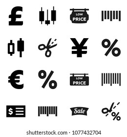 Flat vector icon set - japanese candle vector, receipt, euro sign, pound, yen, barcode, low price signboard, sale, percent, coupon