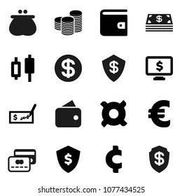Flat vector icon set - japanese candle vector, wallet, coin stack, check, dollar shield, monitor, any currency, euro sign, cent, credit card, cash