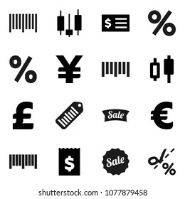 Flat vector icon set - japanese candle vector, receipt, euro sign, pound, yen, barcode, sale, percent, coupon