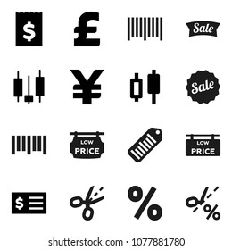 Flat vector icon set - japanese candle vector, receipt, pound, yen sign, barcode, low price signboard, sale, percent, coupon