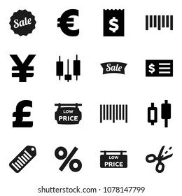 Flat vector icon set - japanese candle vector, receipt, euro sign, pound, yen, barcode, low price signboard, sale, percent, coupon