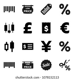 Flat vector icon set - japanese candle vector, receipt, euro sign, pound, yen, barcode, low price signboard, sale, percent, coupon
