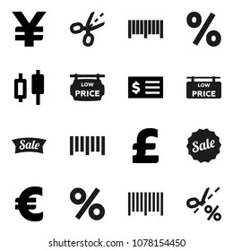 Flat vector icon set - japanese candle vector, receipt, euro sign, pound, yen, barcode, low price signboard, sale, percent, coupon