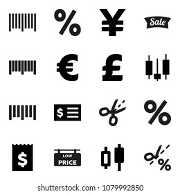 Flat vector icon set - japanese candle vector, receipt, euro sign, pound, yen, barcode, low price signboard, sale, percent, coupon