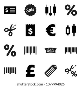 Flat vector icon set - japanese candle vector, receipt, euro sign, pound, barcode, sale, percent, coupon
