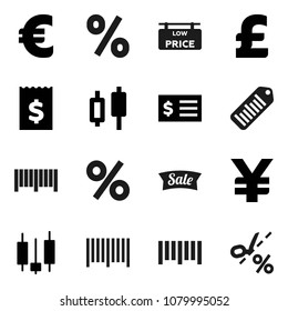 Flat vector icon set - japanese candle vector, receipt, euro sign, pound, yen, barcode, low price signboard, sale, percent, coupon