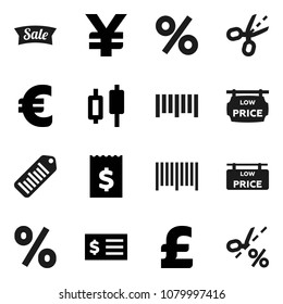 Flat vector icon set - japanese candle vector, receipt, euro sign, pound, yen, barcode, low price signboard, sale, percent, coupon