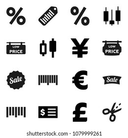 Flat vector icon set - Japanese candle vector, receipt, euro sign, pound, yen, barcode, low price signboard, sale, percent, coupon