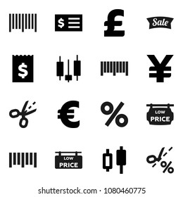 Flat vector icon set - japanese candle vector, receipt, euro sign, pound, yen, barcode, low price signboard, sale, percent, coupon