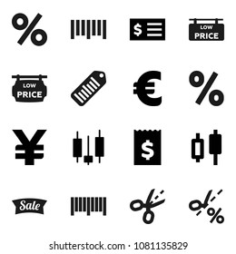 Flat vector icon set - japanese candle vector, receipt, euro sign, yen, barcode, low price signboard, sale, percent, coupon