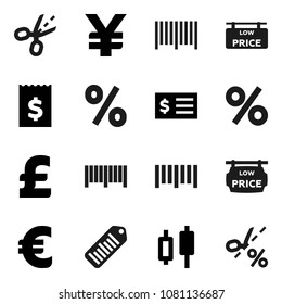 Flat vector icon set - japanese candle vector, receipt, euro sign, pound, yen, barcode, low price signboard, percent, coupon