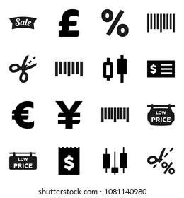 Flat vector icon set - japanese candle vector, receipt, euro sign, pound, yen, barcode, low price signboard, sale, percent, coupon