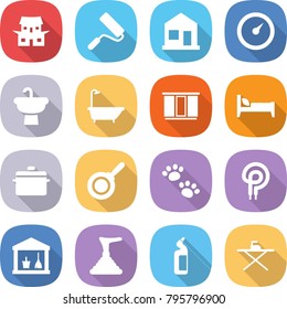 flat vector icon set - japanese house vector, repair, home, barometer, sink, bath, wardrobe, bed, pan, pets, elecric oven, utility room, plunger, toilet cleanser, iron board