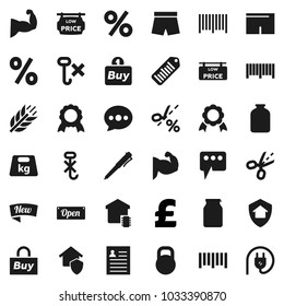Flat vector icon set - jar vector, pen, medal, personal information, pound, muscule hand, shorts, cereals, no hook, weight, barcode, message, low price signboard, smart home, protect, new, open, buy