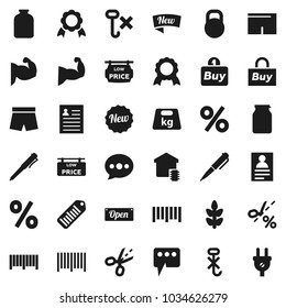 Flat vector icon set - jar vector, pen, medal, personal information, muscule hand, shorts, cereals, no hook, weight, barcode, message, low price signboard, smart home, new, open, percent, buy