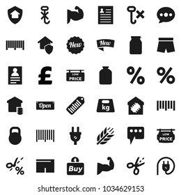 Flat vector icon set - jar vector, personal information, pound, muscule hand, shorts, cereals, no hook, weight, barcode, message, low price signboard, smart home, protect, new, open, percent, buy