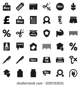 Flat vector icon set - jar vector, pen, medal, personal information, pound, muscule hand, shorts, cereals, no hook, weight, barcode, message, low price signboard, smart home, protect, new, open, buy