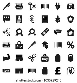 Flat vector icon set - jar vector, pen, medal, personal information, pound, muscule hand, shorts, cereals, no hook, weight, barcode, message, low price signboard, smart home, protect, new, open, buy