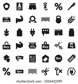 Flat vector icon set - jar vector, pen, medal, personal information, muscule hand, shorts, cereals, no hook, weight, barcode, message, low price signboard, smart home, protect, new, open, percent