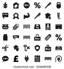 Flat vector icon set - jar vector, pen, medal, personal information, pound, muscule hand, shorts, cereals, no hook, weight, barcode, message, low price signboard, smart home, protect, new, percent