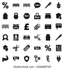 Flat vector icon set - jar vector, pen, medal, personal information, pound, muscule hand, shorts, cereals, no hook, weight, barcode, message, low price signboard, smart home, protect, new, open, buy