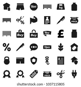 Flat vector icon set - jar vector, pen, medal, personal information, pound, muscule hand, shorts, cereals, no hook, weight, barcode, message, low price signboard, smart home, protect, new, open, buy