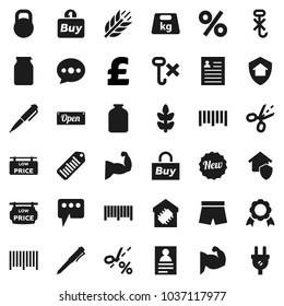 Flat vector icon set - jar vector, pen, medal, personal information, pound, muscule hand, shorts, cereals, no hook, weight, barcode, message, low price signboard, smart home, protect, new, open, buy