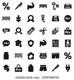Flat vector icon set - jar vector, pen, medal, personal information, muscule hand, shorts, cereals, no hook, weight, barcode, message, low price signboard, smart home, protect, new, percent, buy