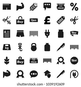 Flat vector icon set - jar vector, pen, medal, personal information, pound, muscule hand, shorts, cereals, no hook, weight, barcode, message, low price signboard, home protect, new, open, percent