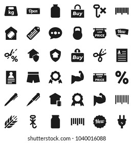Flat vector icon set - jar vector, pen, medal, personal information, muscule hand, shorts, cereals, no hook, weight, barcode, message, low price signboard, smart home, protect, new, open, percent