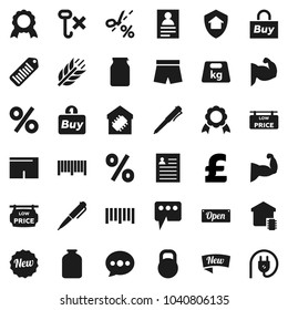 Flat vector icon set - jar vector, pen, medal, personal information, pound, muscule hand, shorts, cereals, no hook, weight, barcode, message, low price signboard, smart home, protect, new, open, buy