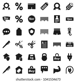 Flat vector icon set - jar vector, pen, medal, personal information, muscule hand, shorts, cereals, no hook, weight, barcode, message, low price signboard, smart home, protect, new, open, percent