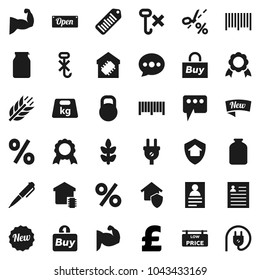 Flat vector icon set - jar vector, pen, medal, personal information, pound, muscule hand, cereals, no hook, weight, barcode, message, low price signboard, smart home, protect, new, open, percent