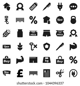 Flat vector icon set - jar vector, pen, medal, personal information, pound, muscule hand, shorts, cereals, no hook, weight, barcode, message, low price signboard, smart home, protect, new, open, buy