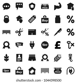 Flat vector icon set - jar vector, pen, medal, personal information, pound, muscule hand, shorts, cereals, no hook, weight, barcode, message, low price signboard, smart home, protect, new, open, buy