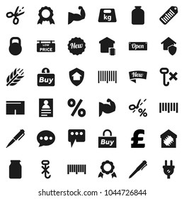 Flat vector icon set - jar vector, pen, medal, personal information, pound, muscule hand, shorts, cereals, no hook, weight, barcode, message, low price signboard, smart home, protect, new, open, buy