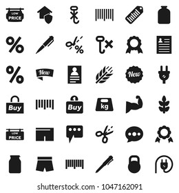 Flat vector icon set - jar vector, pen, medal, personal information, muscule hand, shorts, cereals, no hook, weight, barcode, message, low price signboard, home protect, new, percent, buy, coupon